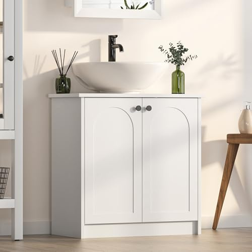 Mepplzian Freestanding Under Sink Bathroom Cabinet,White Bathroom Under Sink Cabinet with Shelf,Sink Cupboard Bathroom Storage Cabinet,Vanity Unit without Basin,Soft Close Doors,2 Arched Door,600 mm