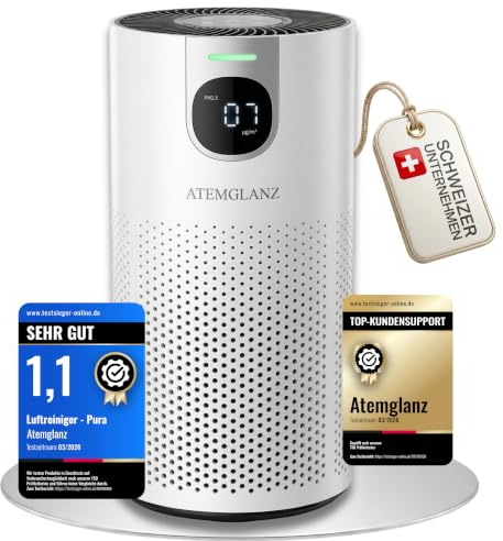 Atemglanz Allergiker Luftreiniger (Auto-Modus, PM2.5 Anzeige) HEPA + Aktivkohlefilter gegen Pollen, Staub, Tierhaare, Schimmel, Milben, Rauch, VOC, 18 dB, bis 80 m², CADR 250m³/h Asthma, Air Purifier