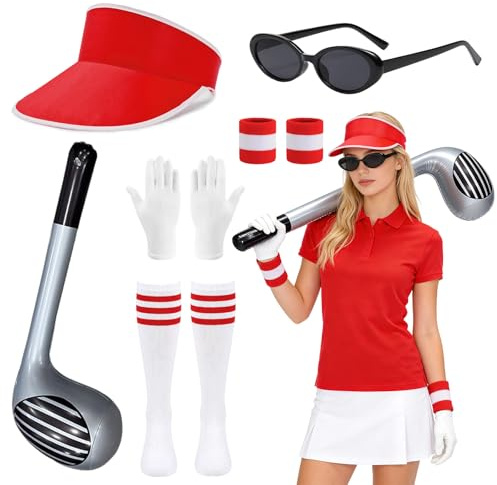 6Pcs Golf Fancy Dress Costume Accessories, Pub Golf Accessories Include Red Visor, Sunglasses, White Gloves, Wristband, Knee-high Socks, Inflatable Golfs Club for Sporting Golf Themed Party Pub Night