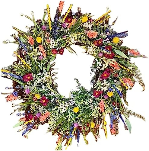 Spring Wreaths for Front Door,Artificial Wildflower Garland,Spring Summer Door Wreath Decoration,Colorful Wildflower Wreath for Doors Window Wall Indoor Outdoor Décor (35CM)