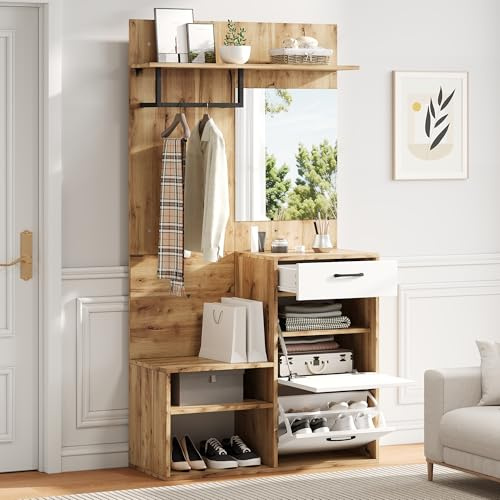 Fppuueg Juego de Mueble Recibidor Armario Entrada con Espejos y Zapateros, Conjunto de Perchero Entrada Recibidor con Cajones y Ganchos, Mueble de Entrada, 190x100x38.5 cm, Blanco+Natural