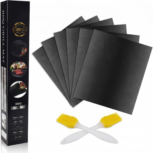AI Orange Grillmatten für Gasgrill & Kohle [7er Set] – 5X BBQ Grillmatte & 2X Bürste, 100% Antihaft, Hitzebeständig, LFGB geprüft, Wiederverwendbare Grillfolie für Weber Gasgrill & Backofen