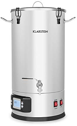 Klarstein Mash-Proof Boiler - Mash Kettle, Beer Brewing Plant, 2 Stages: 1500/3000 W, 5-piece Set, Filter Bucket, Cooling Coil, LCD Display, Drain, Silver, 35 litres