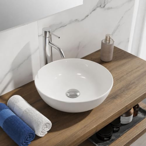 Lavabo Da Appoggio Ceramica Bianco Tondo Lavandino Lavello Arredo 41,5x41,5x13,5 Cm (1, Bianco Lucido)