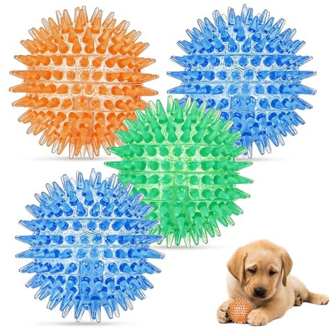 metagio 4 Pack Squeaker Ball Dog Toy, Dogs Chew Spiky Ball, Floatable Dog Pool toy,Toss Fetch Toys for Puppy, Ideal for Medium and Small Dogs Teeth Cleaning Supplies