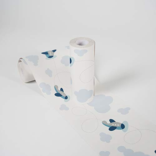 A.S. Création selbstklebende Bordüre - Papierbordüre mit kinderfreundlichen Motiven in Blau, Grau und Weiß - auf 5,00 m x 0,15 m je Rolle