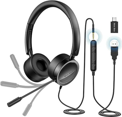 New Bee Headset mit Mikrofon, Headset PC USB/3,5mm, 2 Stücks | Headset mit Mikrofon USB für Call Center Office Telefonkonferenzen Skype-Chat Webinar-Präsentationen Online-Kurse und Musik