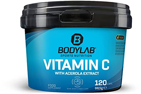 Bodylab24 Vitamin C mit Acerola Extrakt 120 Kapseln / 600mg reines Vitamin je Tagesdosis/unterstützt zahlreiche Stoffwechselvorgänge im Körper und das Immunsystem / 100% vegane Vitamin C Kapseln