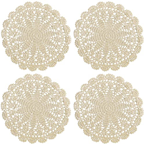 PHANTOMON Crochet Doilies Handmade Round Cotton Lace Table Placemats Knitted Tablecloth, Star Pattern Rippled Edge, Pack of 4 (10 Inch, Beige)