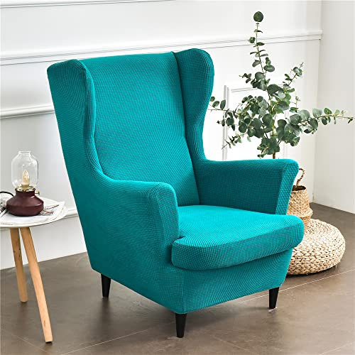 Highdi 2 Teilig Jacquard Ohrensessel Überzug, Sessel-Überwürfe Ohrensessel Schonbezüge Bezug Sesselhusse Elastisch Stretch Stuhlbezug mit Armlehne Hohe Rückenlehne Universal (Pfauenblau)