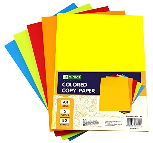 D.RECT Papel de Color A4 - Papel de Copia y Tono Multicolor - Mezcla de 5 Colores, para Impresoras de Inyección de Tinta y Láser, 5 Paquetes de 50 Hojas A4 - 250 Hojas