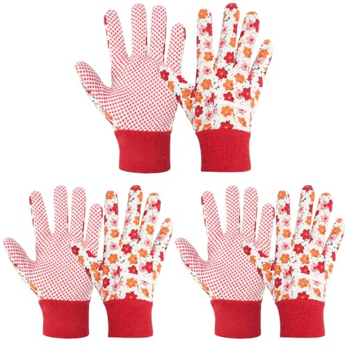 Ainiv Handschuhe für Garten, 3er Set Gartenhandschuhe | Antirutschbeschichtung Arbeitshandschuhe, Arbeitshandschuhe mit PVC-Punkten reißfester Canvas-Stulpe (Begonienblumen)
