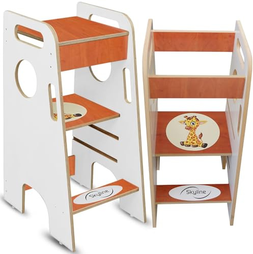 Skyline Steh und Lernturm Baby ab 1 Jahr Montessori Learning Tower Höhenverstellbar Tritthocker Kinder Indoor Möbel Kinderzimmer Trittschemel Kitchen Helper Hochstuhl Faltbarer (Weiß mit Giraffe)