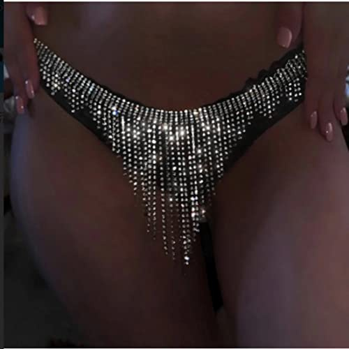 Carufin Sexy Tanga Bragas Cadena decorativa Borla de plata Cadena de cintura Cadena corporal Accesorios Joyería ajustable para mujeres y niñas (cadena de pecho no incluida)