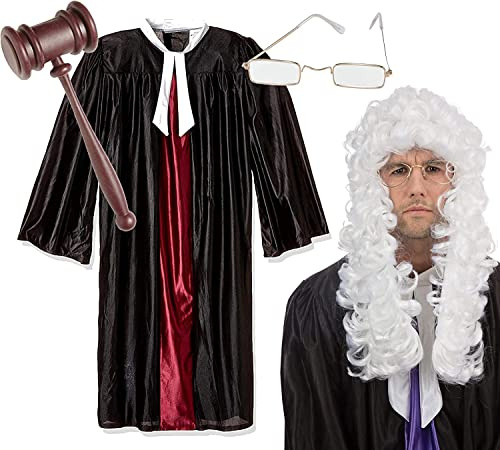 Mega_Jumble Adult High Court Judge Fancy Dress Costume | Lord Baroque Wig, Judge Gown, Judge Gavel and Glasses for Book Day, Role Play, Carnival Theme Party Dress Up
