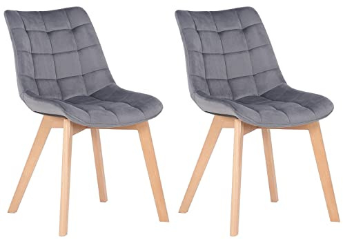 CLP 2er-Set Esszimmerstühle Passaic Samt, ergonomisch gepolstert & gesteppt, mit Bodenschonern, bis 150 kg belastbar - Farbe grau