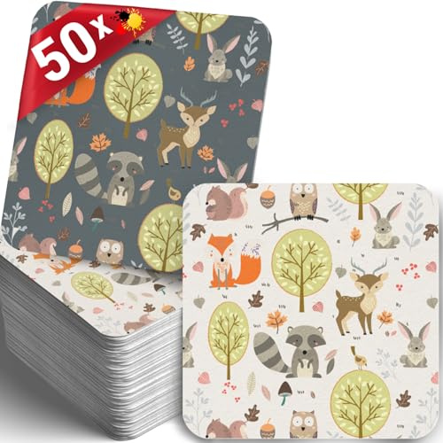 Funke & Brand Bierdeckel Waldtiere - 50x Untersetzer eckig Waldtiere - niedliche Tiere aus dem Wald - Fuchs Hase REH Eichhörnchen Eule Tisch Deko