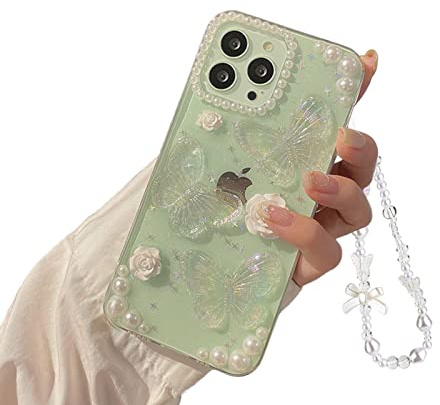 Ownest Handyhülle Kompatibel iPhone 11 Pro Hülle Schmetterling Blume Transparent Design Aesthetic Frauen Mädchen Glitzer Kristall mit Süßes Chain TPU Case für iPhone 11 Pro + Perlenkette
