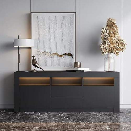 160 cm TV Unit Stand Cabinet Sideboard High Gloss Front LED Light All Black,Modern High Gloss TV Unit Media Cabinet Storage