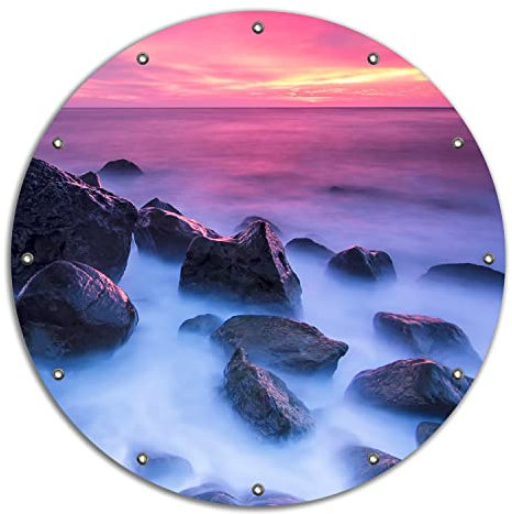Wallario rundes Outdoor-Poster für Garten oder Balkon Felsen im Meer bei Sonnenuntergang, Motivbanner 90 cm Durchmesser