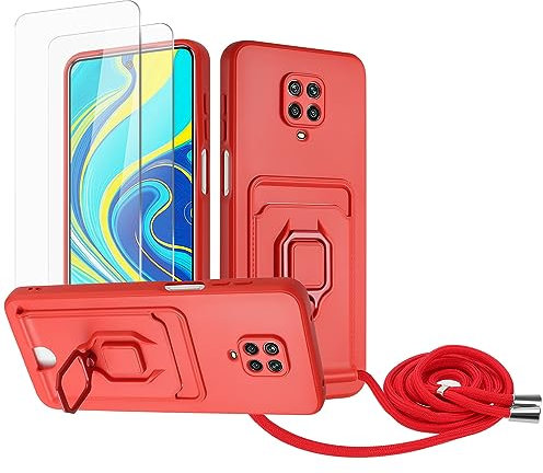 Zallagre Funda con Cuerda Compatible con Redmi Note 9 Pro/Note 9S,[2 Packs Cristal Templado],Ranura para Tarjetas,Cubierta de Cámara Deslizante Proteger,360 Anillo Soporte-Rojo