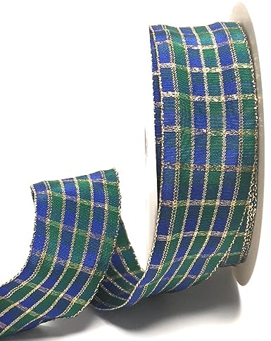 Schleifenband 25m x 40mm Blau - Grün - Gold kariert Karoband Dekoband Geschenkband Lurexkaro [D1087]