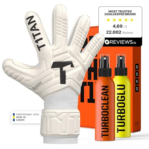 T1TAN Classic 1.0 White-Out Junior Turbogrip & Turboglu – målvaktshandskar för barn med handskar och Grip Booster – utan fingerskydd – fotbollshandskar för målvakt – storlek 3
