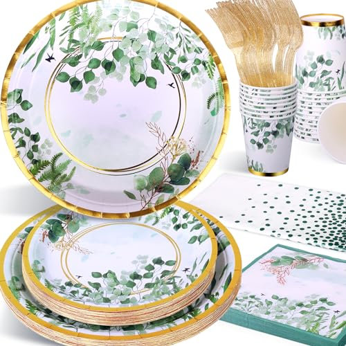 Etsutomy Sage Green Party Decoration, 126PCS Sage-Green Plates and Napkins Party Supplies, Spring Greenery Eucalyptus Leaves Disposable Dinnerware Decor for Wedding Birthday Baby Shower