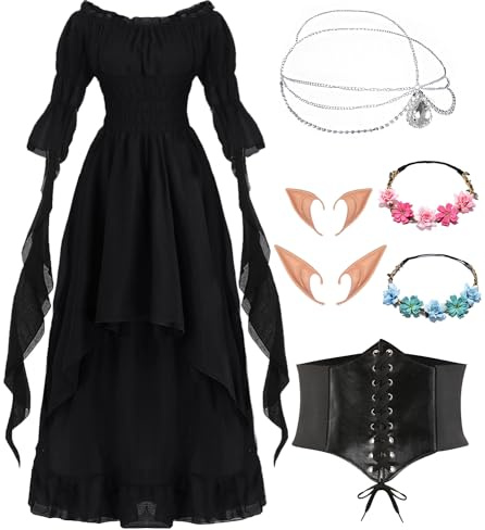 Abito gotico vittoriano, da donna, medievale, costume rinascimentale, abito da sera, vintage, nero, per carnevale, Halloween, con orecchie da elfo, per capelli, calzini, corsetto VL028L