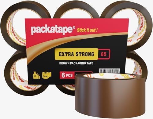 Packatape Lot de 6 rouleaux de ruban adhésif d'emballage extra fort Marron 48 mm x 50 m Idéal pour colis, emballage, boîtes en carton