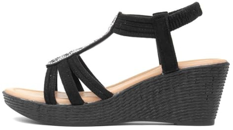 Lilley Womens Black Slip On Diamante Wedge Sandals - Size 7 UK - Black