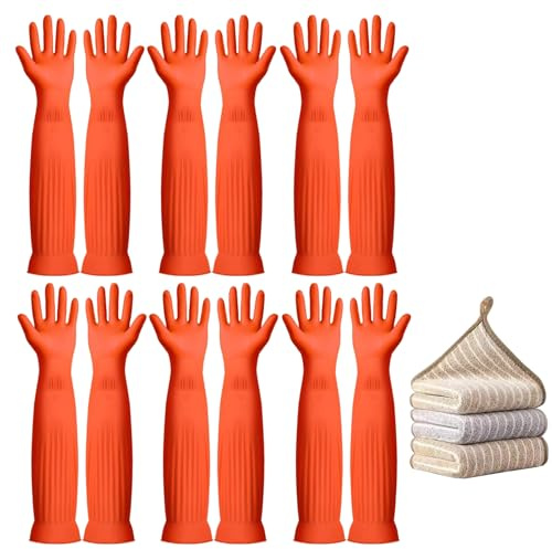 Vsootal 17.8 6 Pairs Reusable Long Household Cleaning Gloves,Rubber Kitchen Dishwashing Gloves,Thickening,Long Sleeves, for Washing Dishes, Pet Care,Bathroom,Laundry(Size M)