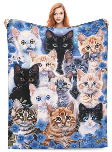 Katzendecke – Flanell-Überwurfdecke mit Kätzchenstrauß – ultraweich und leicht, entzückende Katzenhaufen mit blauen Blumen, Geschenk für Katzenbesitzer, geeignet als Sofa-Zimmerdekoration, 152,4 x 203