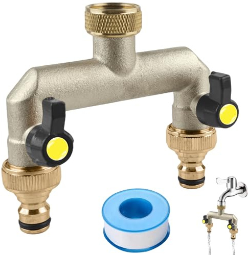 2-Wege Wasserhahn Wasserverteiler, Verteiler aus Messing für 2 Wasserhahn Adapter/Geräte/Gartenschläuche, 3/4 Schlauch Adapter 1/2 mit Kugelhahn zum Einstellen und Absperren des Wasserflusses
