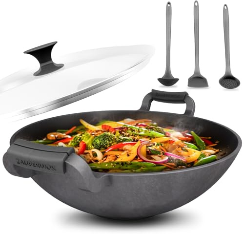 ZAUBERWOK 33cm Gusseisen Wok Induktion - Gusseisenpfanne mit Silikon Hitzeschutzgriffen für Gasgrill, Herd, Ofen, Paella Pfanne, Wok aus Gusseisen mit Deckel - Induktionsgeeignet für Sac Stir Fry Tava