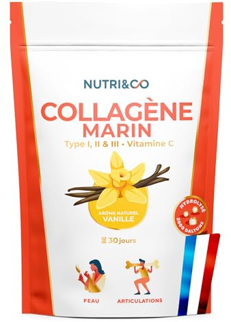 NUTRI & CO Collagene Marin Poudre Types 1, 2, 3 + Vitamine C, Breveté Naticol® & Cartydiss®, Peau Hydratée Soutien Articulaire, Peptides Hydrolysés 2000 DA, 180g Goût Vanille 30jrs, Made in France