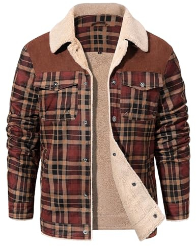 Svanco Men's Lumberjack Checked Flannel Overshirt - Fleece Lined Padded Shirt Jacket Khaki