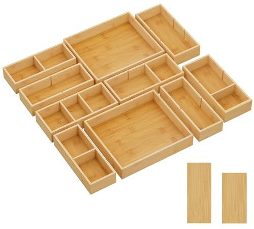 Lifewit Lot de 10 Organiseurs Tiroirs avec 12 Inserts, Boite Rangement Réglable avec 22 Compartiments, Séparateur Tiroir en Bois pour Ustensiles de Cuisine, Maquillage, Bijoux, Bureau, Salle de Bain
