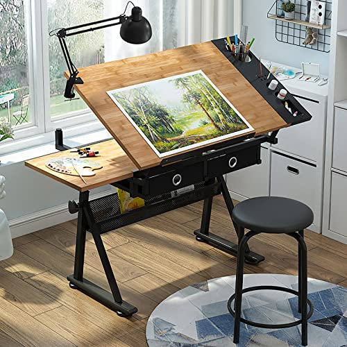 ABBNIA Zeichentische Verstellbarer Zeichentisch mit Hocker Neigbarer Zeichentisch Zeichentisch Bambus/Holz Tischplatte Zeichentisch mit Stauraum und Schubladen Kunstti