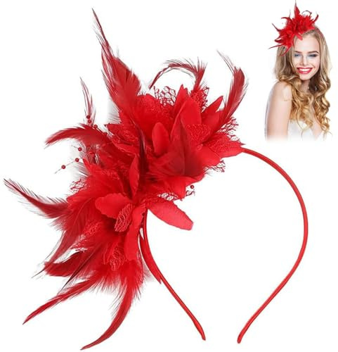 Fascinator mit Perlen und Federn, Fascinator für Damen, 1920er-Jahre-Feder-Fascinator-Stirnband für Damen, Flower Mesh Face Veil Feather Hair Clip für Cocktail Halloween (Rot, Einheitsgröße)