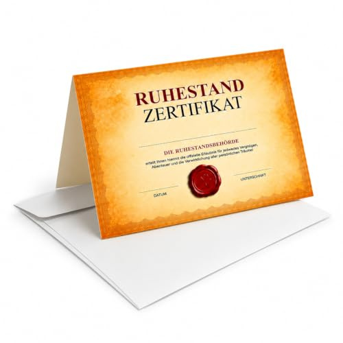 Rente Abschiedskarte A4 - Zertifikat - Urkunde Vintage - große Klappkarte | XXL Karte für Kollegen mit Umschlag zur Rente Ruhestand Pension Rentner Abschied