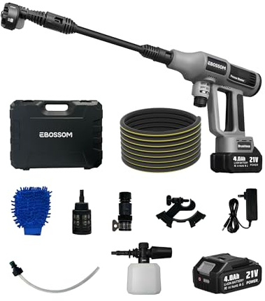 Hidrolimpiadora de Alta Presión de Batería de 65 Bar, Boquilla Ajustable 6 en 1,Limpiadoras a Presión Móvil,Adecuada para Lavado de Automóviles,Riego de Plantas,Pressure Washer(2X 4Ah Baterías)