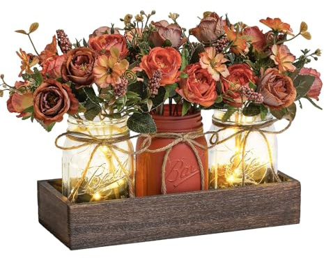 3 Pcs Mason Jar Centerpiece Table Decorations Fake Flowers Artificial Blue Flowers Rustic Spring Centerpieces Decor with Wood Tray and Light Table Decorations for Home Kitchen Living Room