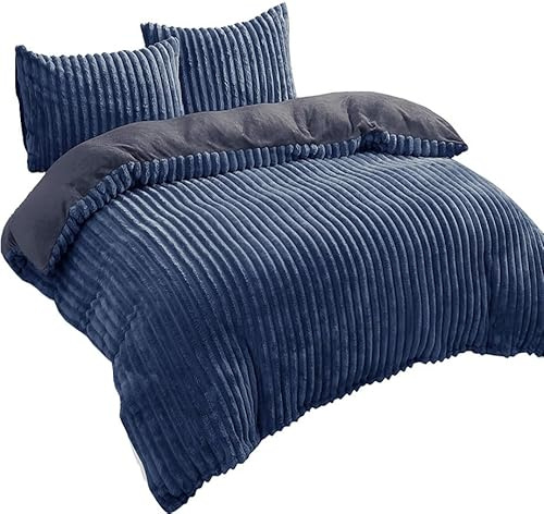 Leonado Vicenti Bettwäsche Cashmere-Touch Teddy Plüsch Set 240x220 cm 3 Teilig Cord Optik Winter Coral Fleece kuschelig warm Dunkelblau Wendebettwäsche