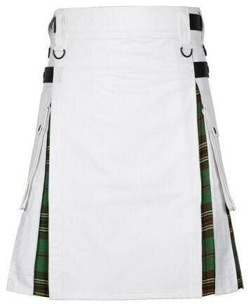 Tara Murphy vit bomull hybrid kilt, 61 cm längd, tartan under veck, sidofickor, justerbara läderremmar, Vitt, 34 inches / 86 cm