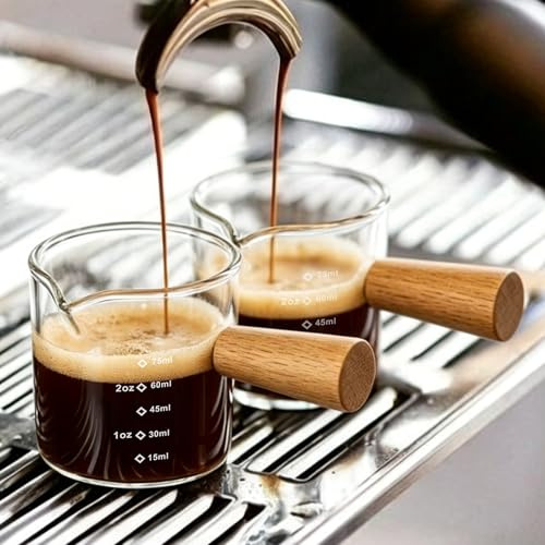 FrutPunch Espresso Cups Set of 2, Glass Espresso Coffee Cup, V-Shaped Mouth Espresso Measuring Cup with Scale and Wooden Handle, Coffee Bar Accessories, Perfect for Making Milk, Drinks, 75ml