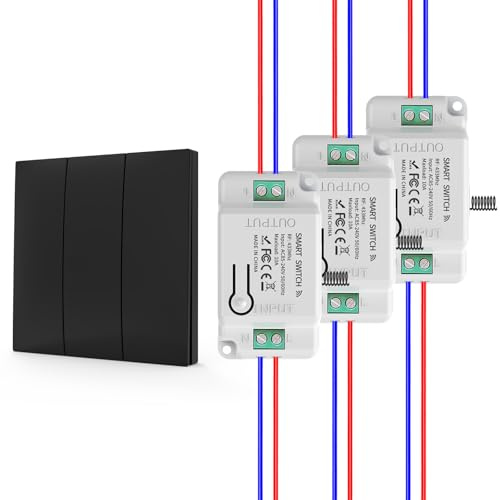KADMOS Funk-Lichtschalter Set,selbstversorgt Funk Lichtschalter,Drahtloser Schalter- keine Batterie erforderlich,automatischer Rebound-Schalter,keine Verkabelung erforderlich (3key 3receiver-Black)