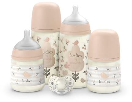 Suavinex, Set Biberon Birdies, 5 pezzi, 0+ Mesi, Rosa