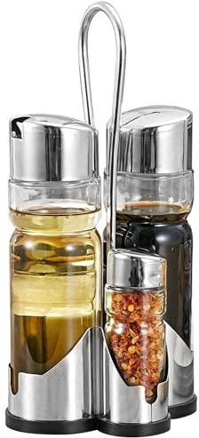 Juego de 4 saleros y pimenteros, colección de dispensador de aceite y vinagre, frascos de condimentos de vidrio con estante de acero inoxidable, organizador de condimentos de cocina, 4.7 x 4.1 x 8.9