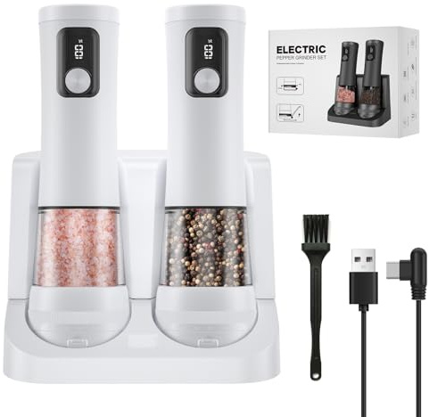 Electric Salt and Pepper Grinder Set, 2 Pack Rechargeable Automatic Pepper Mill, with Charging Base,5-Level, Display, LED Lighting,Large Capacity (2, White, USB Charging Base)
